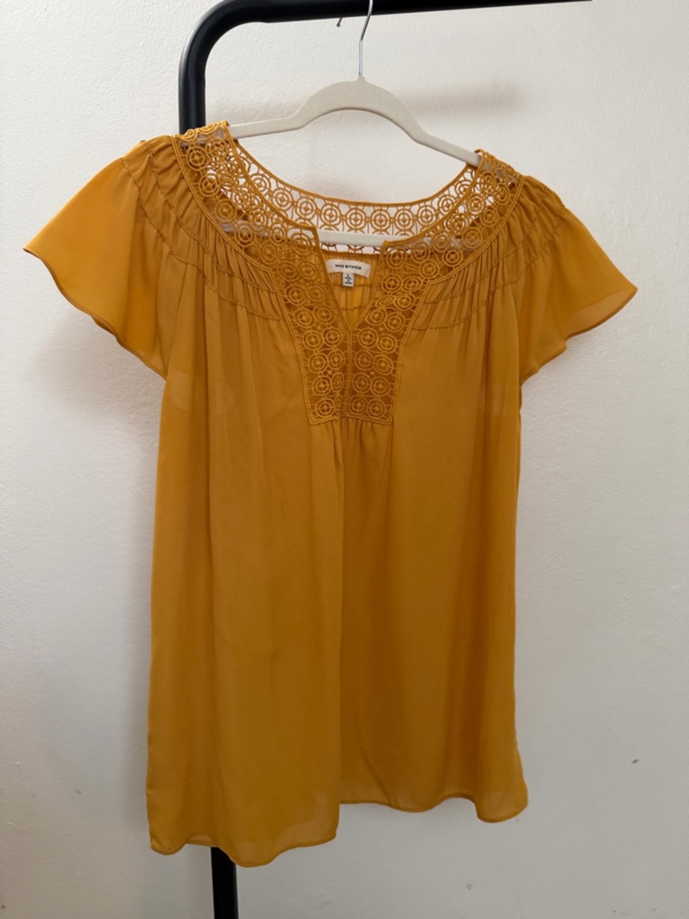 Max Studio Mustard Crochet Yoke Flutter Sleeve Blouse
